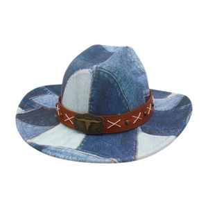 Western denim cowboy hat with blue white patchwork and bull head buckle decoration