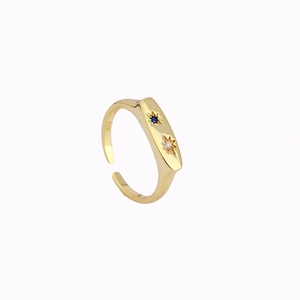 Adjustable S925 sterling silver ring with gold finish, blue zircon and star engraving