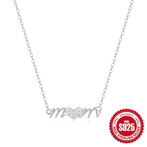 S925 sterling silver heart mom necklace pendant with sparkling white cubic zirconia