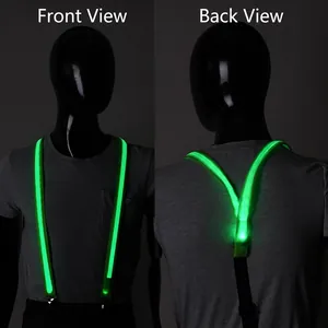 Front and back view of green LED luminous safety suspenders for night cycling and running