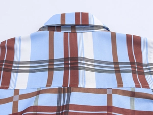 Detailed view of the back yoke and collar of a casual plaid shirt dress in light blue
