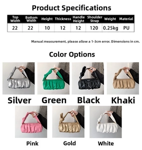 Detailed spec sheet and seven color options for the ruched mini cloud handbag in PU leather