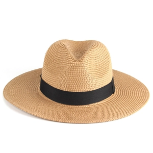 Unisex Summer Straw Woven Fedora Panama Hat Wide Brim Sun Protection UV Resistant Beach Hat With Black Ribbon For Men Women