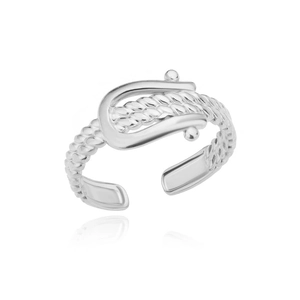Detailed view of silver open ring with horseshoe buckle and twisted cable texture