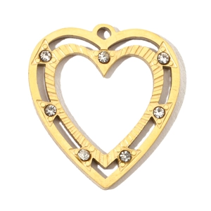 Detailed close-up of a heart-shaped gold pendant featuring seven clear inlaid crystals