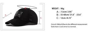 Size chart for American flag mesh baseball cap with detailed head circumference dimensions