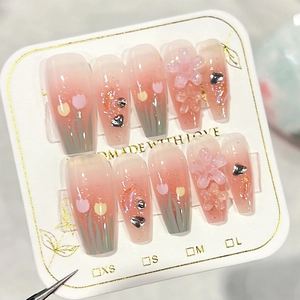 Handmade Tulip 3D Flower Press On Nails Pink Gradient Coffin Fake Nails With Rhinestone Sweet Fashion Manicure For Women