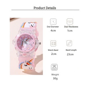 Detailed view of pink unicorn kids watch with measurements for case and strap dimensions