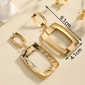 Elegant gold square drop earrings with dual texture finish measuring 9.1cm by 4.1cm
