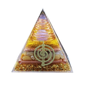 8cm Orgone Crystal Pyramid with Flower of Life and copper coil in resin ornament