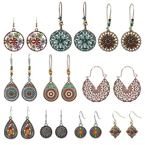Detail view of vintage bohemian earring set with turquoise and geometric tassel pendants