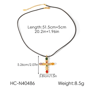 Detail view of colorful natural stone cross pendant with full size and weight measurements