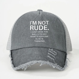 Close-up of gray washed distressed baseball cap featuring mesh back and RUDE printed text