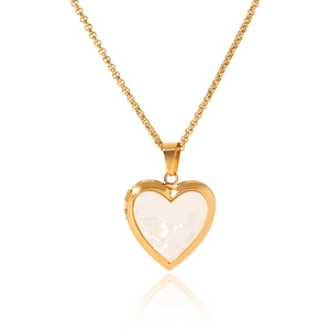 Collier médaillon coeur en acier inoxydable doré 18 carats avec nacre blanche incrustée