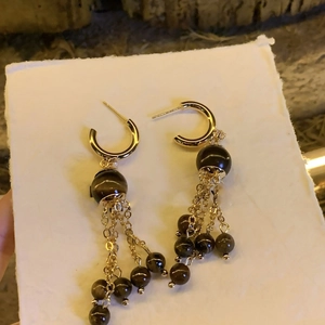 Ethnic style gold tassel earrings with tiger eye beads and silver needle hooks for women