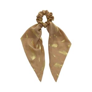 Beige chiffon hair scrunchie with long ribbons and elegant golden feather patterns