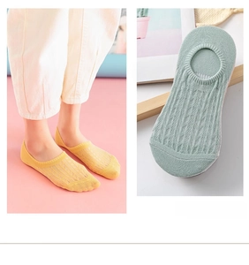 Close-up of breathable mesh knit cotton low cut invisible socks in yellow and mint