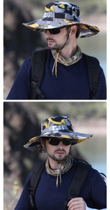 Vue détaillée du chapeau de pêche camouflage avec mentonnière réglable et large bord