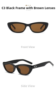 Detailansicht der quadratischen Cat-Eye-Sonnenbrille mit schwarzem Rahmen und braunen Gläsern