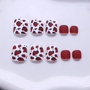 Classic leopard print and matte red short square press-on toenails for daily beauty