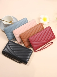 Minimalist quilted leather long wallets for women in five colors with wrist straps