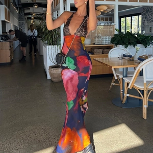 Sexy rückenfreies Maxi-Kleid mit schwarzer Spitze und buntem abstraktem Blumendruck