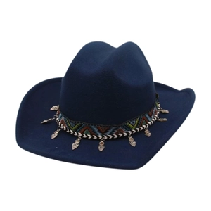 Navy blue felt cowboy hat with ethnic embroidered band and silver heart charms