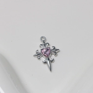 Silver plated alloy cross pendant with a pink heart gemstone for DIY jewelry making