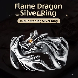 Macro detail of hand-carved silver dragon ring with intricate flame patterns and textures
