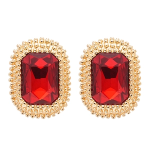Retro rectangle dark red crystal stud earrings with gold beaded frames on white background