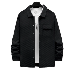 Men's retro heavy knit shirt jacket in black with twill texture and flap pocket