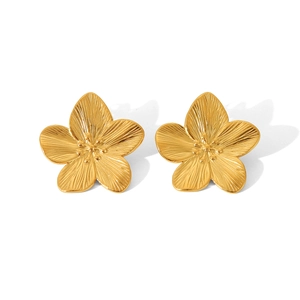 Detailed view of 18K gold flower stud earrings with delicate textured petals and stamen