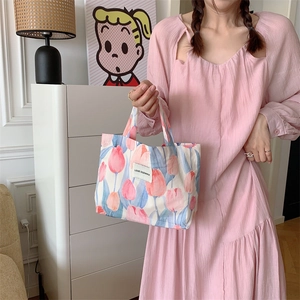 Sac fourre-tout en toile vintage avec motif tulipes roses et poignées pour femmes