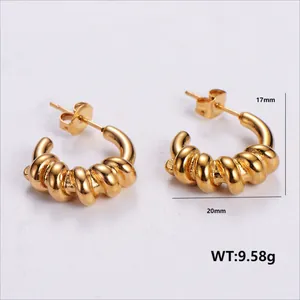 Golden chunky twisted rope hoop earrings in 304 stainless steel, C-shaped hollow design