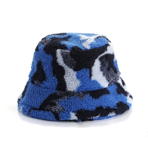 Winter fluffy lamb wool bucket hat with blue and black camouflage pattern for windproof warmth