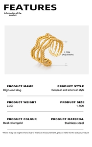 Detail of adjustable golden wavy hollow ring in stainless steel weighing 2.3 grams