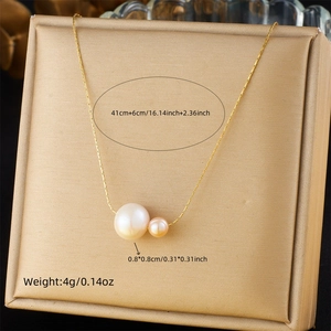 Detail view of gold necklace with pearl pendants showing dimensions and technical specs