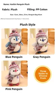 Detailed view of plush penguin toys in blue, gray and pink with soft PP cotton filling