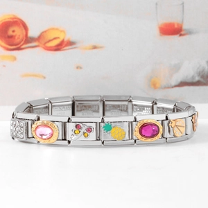 9mm modular stainless steel charm bracelet with pink gems and gold charms