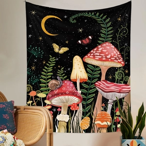 Mystical mushroom tapestry with butterflies and moon design for bedroom wall decor