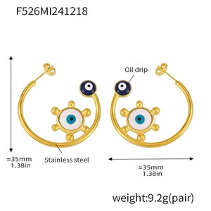 Detail view of 35mm gold stainless steel evil eye hoop earrings with size specifications