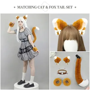 Handmade orange and white plush fox ear headband set with bell and matching fluffy tail