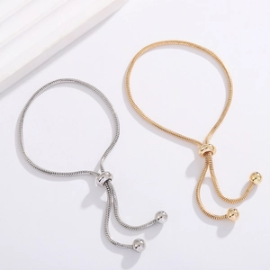 Minimalist Copper Snake Bone Chain Bracelet Adjustable Slider Pull Jewelry With Polished Round Beads Ends