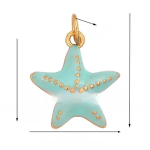 Detail view of blue enamel starfish pendant with gold studs and size specifications