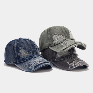 Distressed vintage cotton baseball caps in dark blue, olive green and smoke grey denim