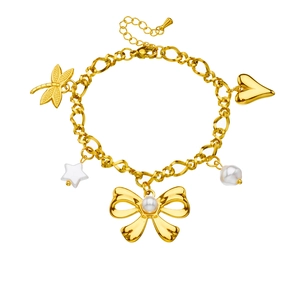 Bracelet chaîne vintage doré avec breloques libellule étoile perle nœud et cœur