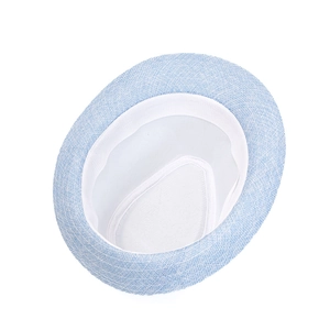 Detail view of the light blue woven linen fedora hat showing inner sweatband and texture