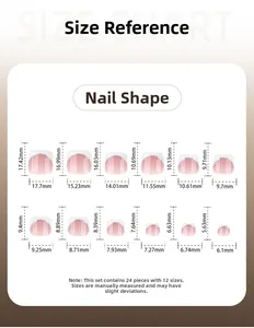 Size chart for French style toenail press-ons with silver glitter and dimensions