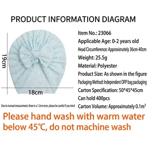 Breathable light blue jacquard baby turban hat with bow for infants aged 0-2 years