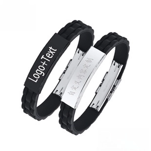 Close-up of customizable silicone and stainless steel bracelets with laser engraving area